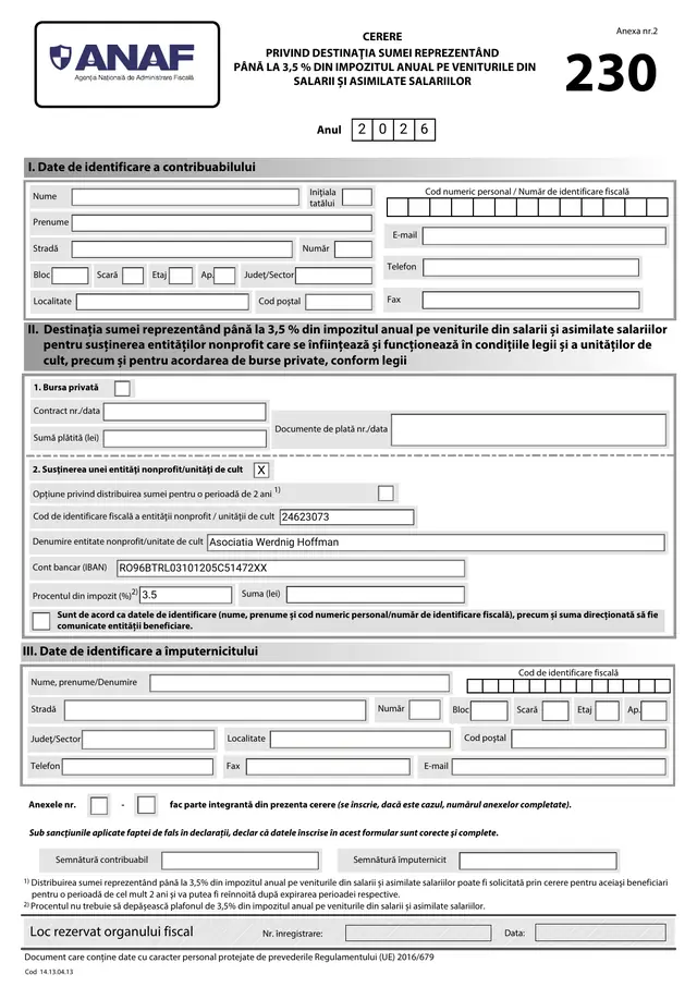 Form 230 filled in with the Werdnig Hoffman Association's details, for 2026